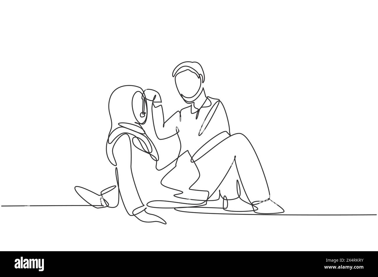 Single continuous line drawing romantic Arabian couple having picnic in ...
