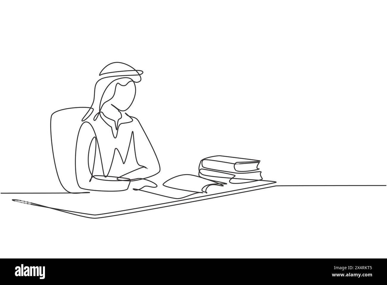 Continuous one line drawing young Arab male reading, learning and ...
