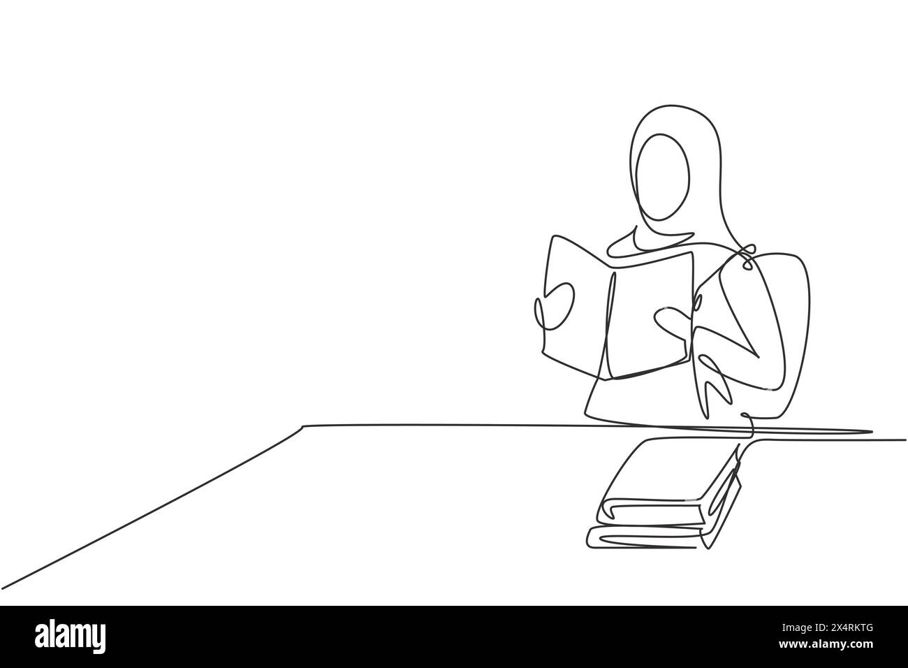 Continuous one line drawing young Arabian female reading, learning and ...