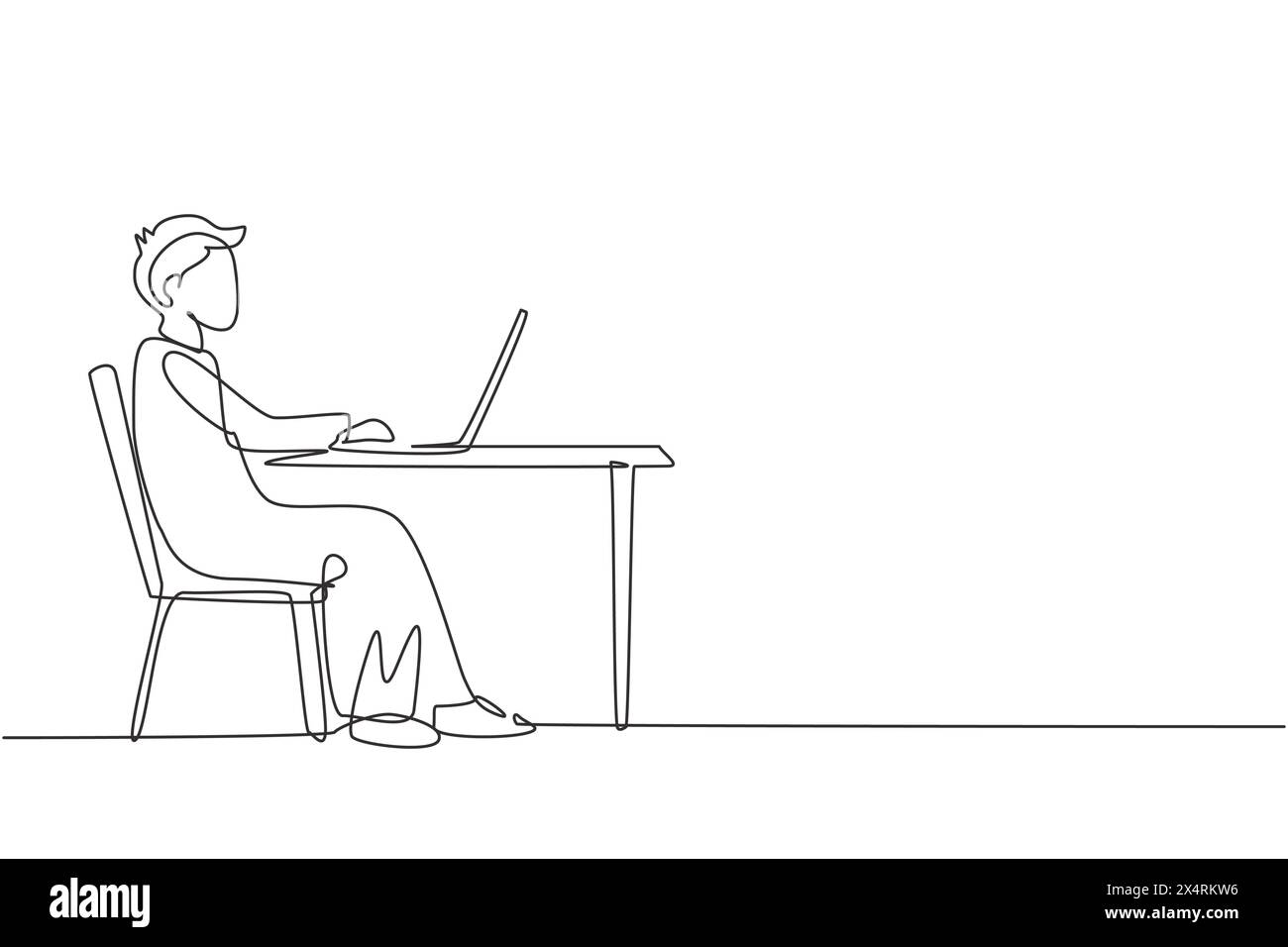 Single one line drawing Arabian boy with laptop sitting on chair around