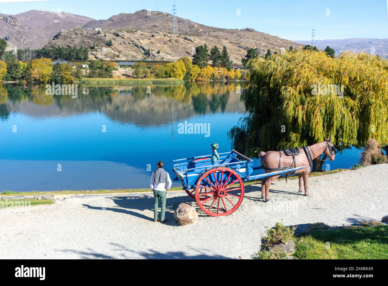 Horse cart by Clutha River, Cromwell Heritage Precinct, Melmore Terrace, Cromwell (Tirau), Central Otago, Otago, New Zealand Stock Photo
