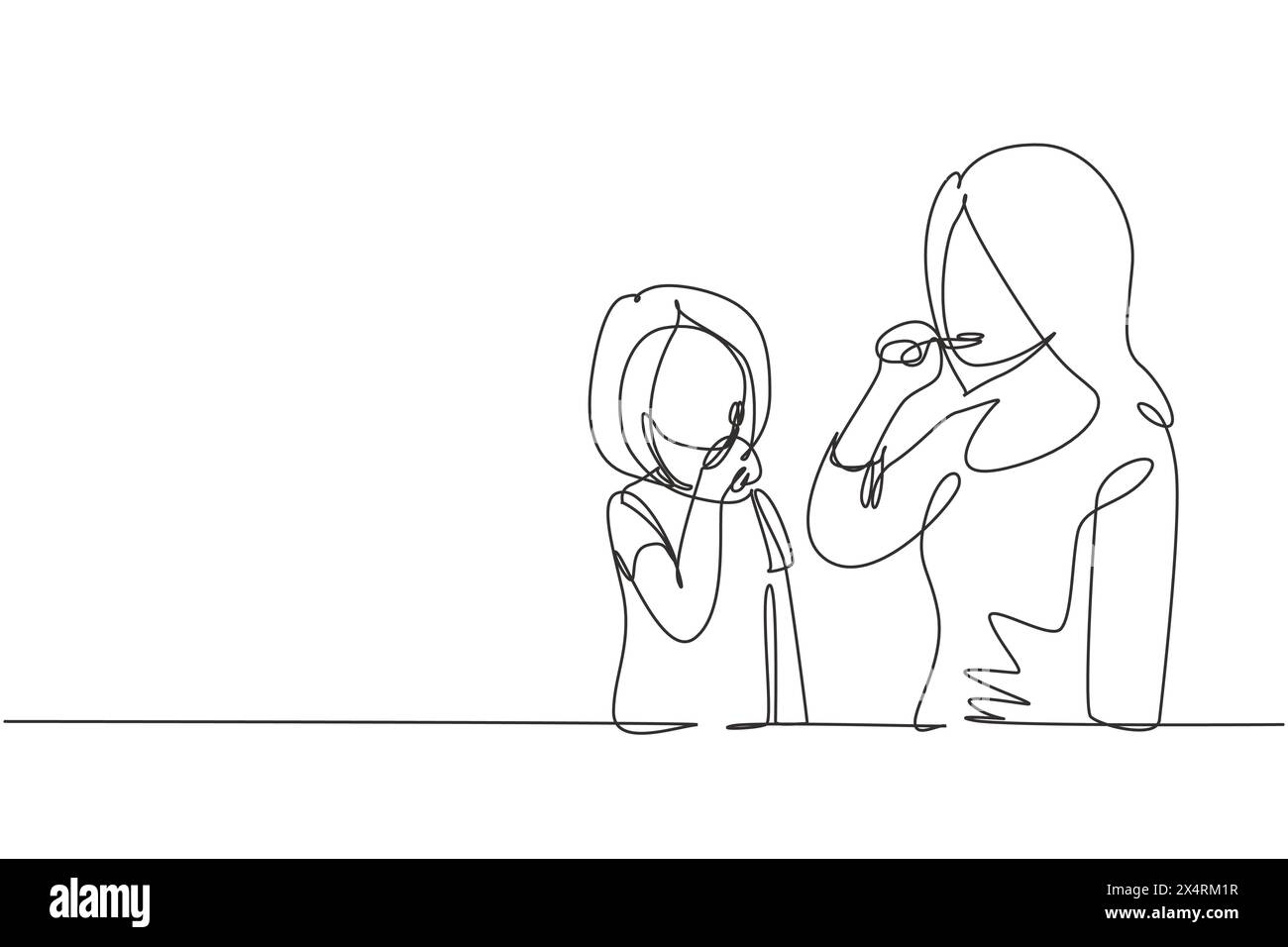 Single one line drawing mother teaching her daughter teeth brushing in ...