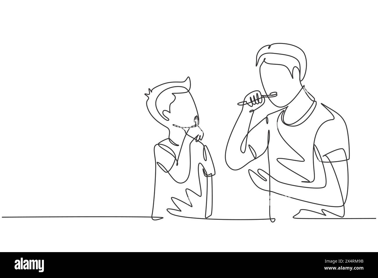 Single one line drawing father teaching his son teeth brushing in ...