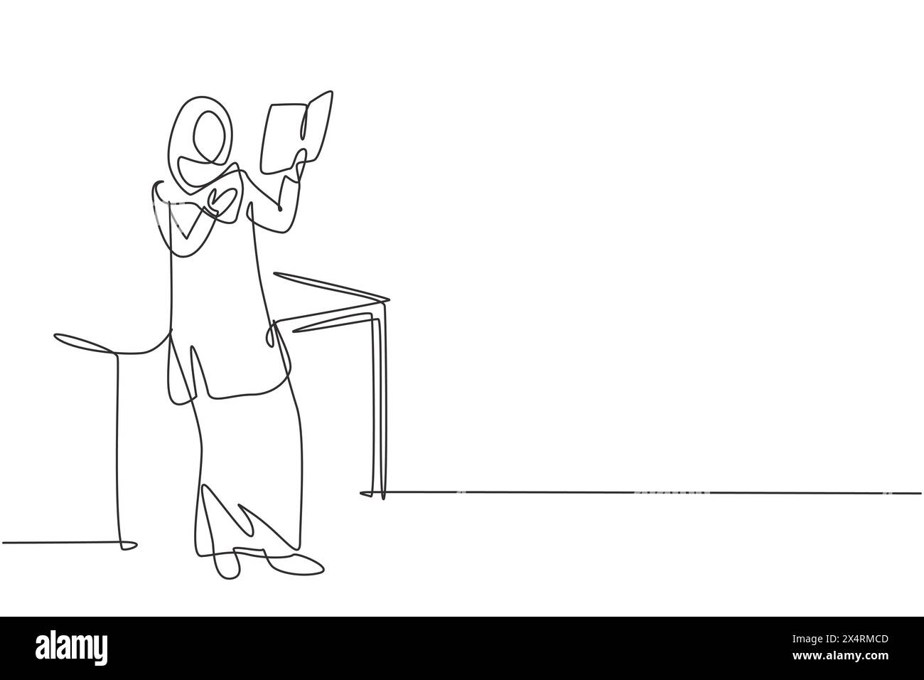 Single continuous line drawing Arabian woman reading, learning and ...