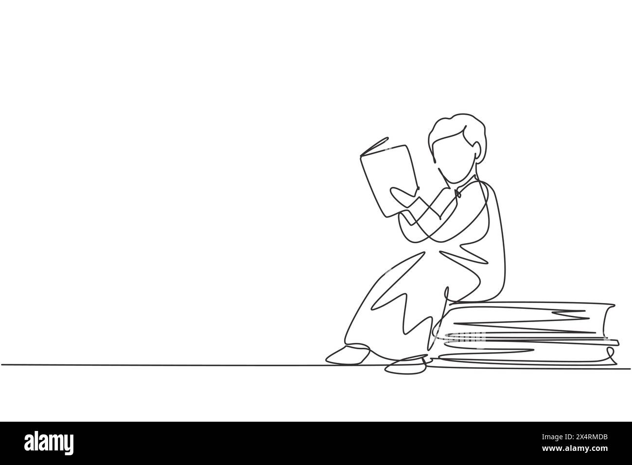 Single continuous line drawing Arabian little boy reading, learning and ...