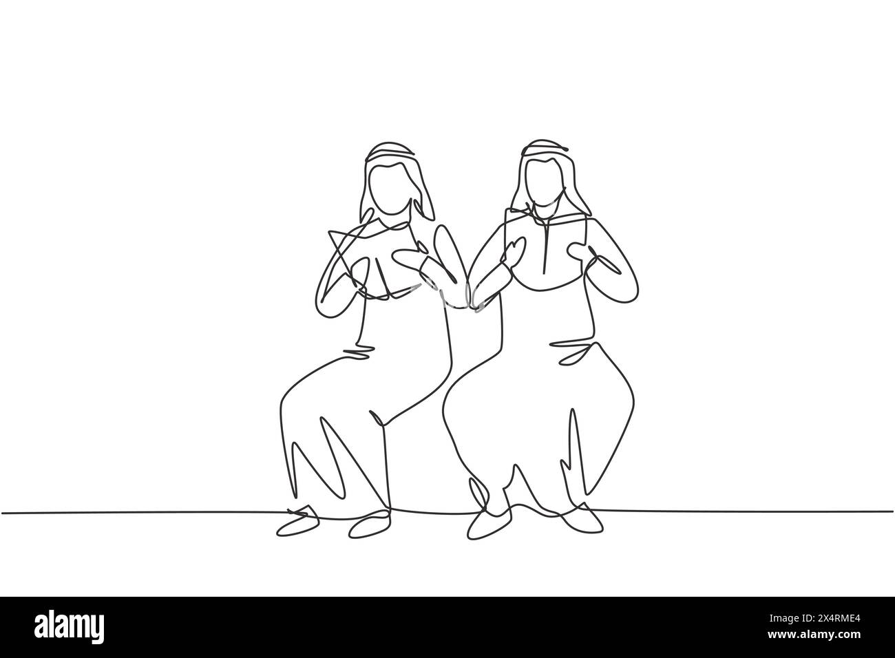 Continuous one line drawing two Arabian male students reading, learning ...