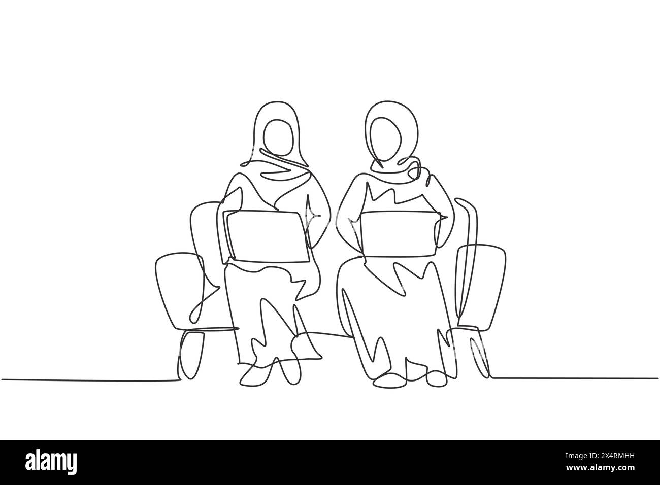 Single one line drawing two Arab woman with laptop sitting on sofa ...