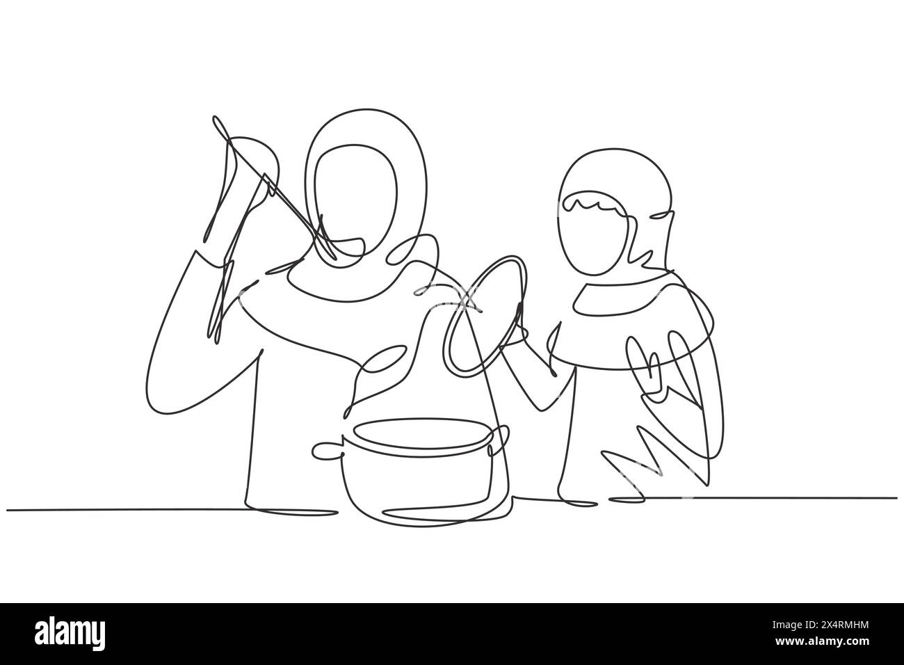 Single one line drawing Arabian daughter holding pan lid and her ...