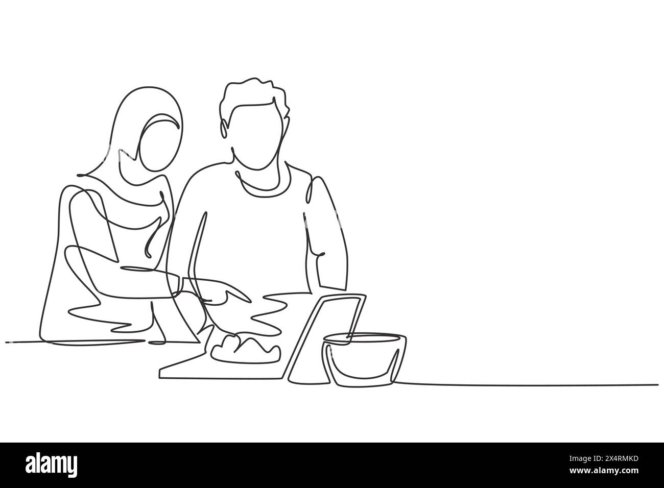 Single continuous line drawing romantic Arab couple cooking together ...