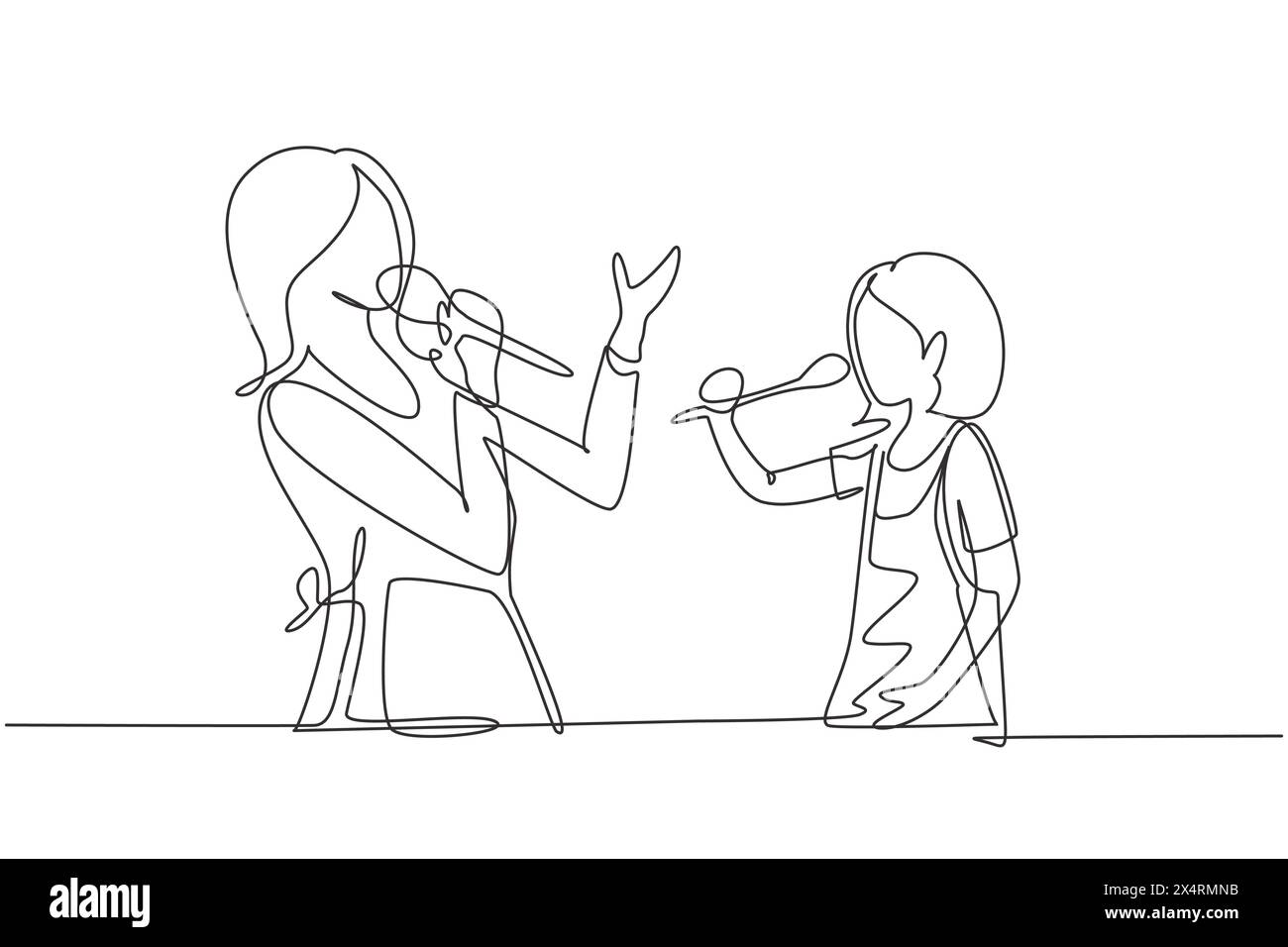 Single one line drawing cheerful mom and her little daughter singing ...