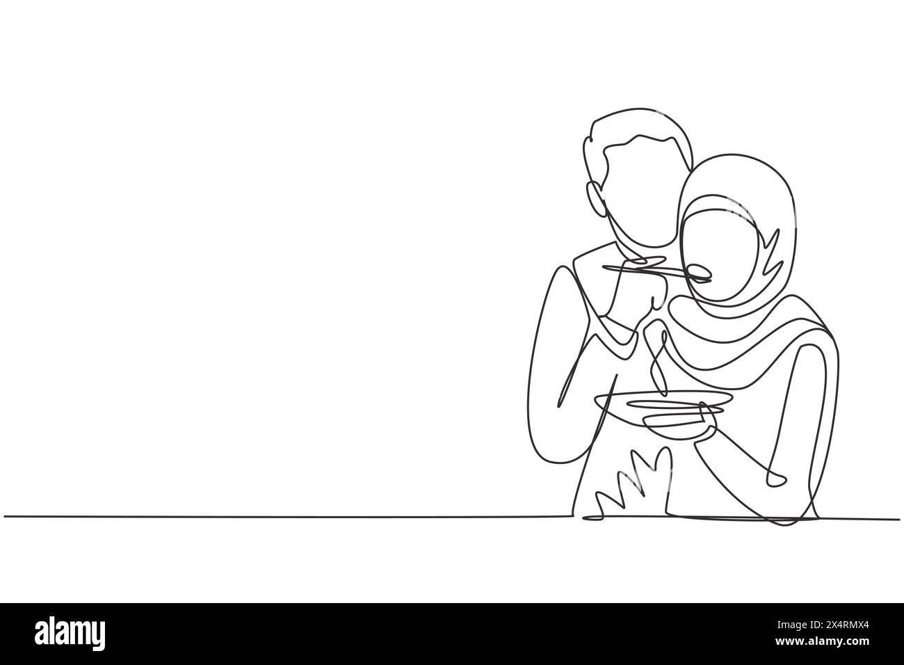 Single continuous line drawing romantic Arab man feeding wife for ...