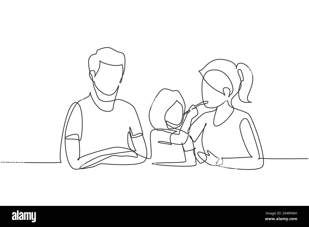 Single continuous line drawing young family having fun together in modern restaurant. Daughter feeds her mother with love. Happy little family concept Stock Vector