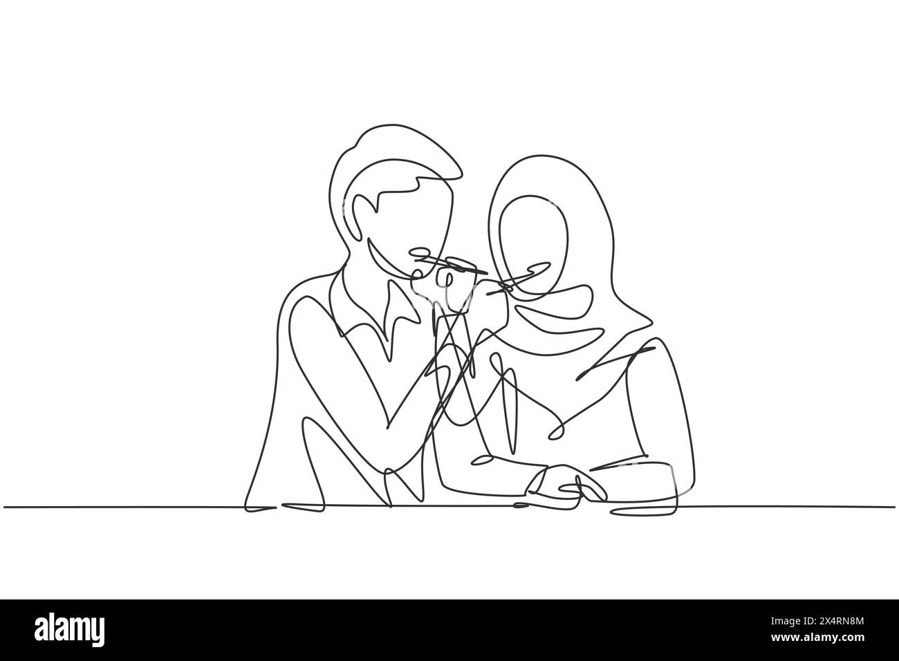 Single continuous line drawing romantic Arabian couple feeding each ...