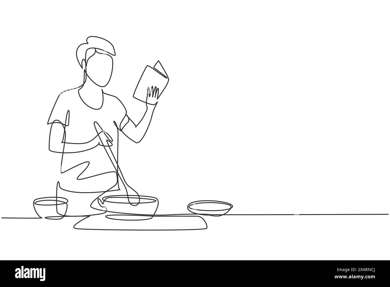 Single continuous line drawing young man cooking while reading book she ...