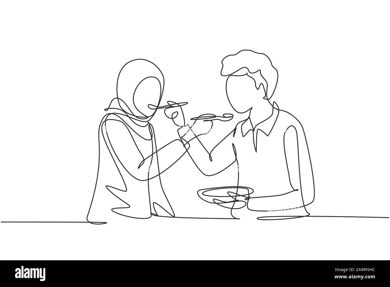 Single continuous line drawing romantic Arabic couple feeding each ...