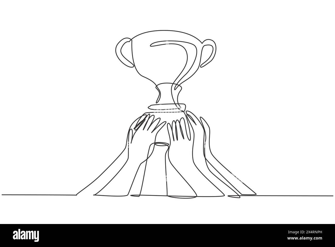 Continuous one line drawing golden trophy held by many hands. Symbol of winning championships, matches and sports competitions. Best achievement. Sing Stock Vector