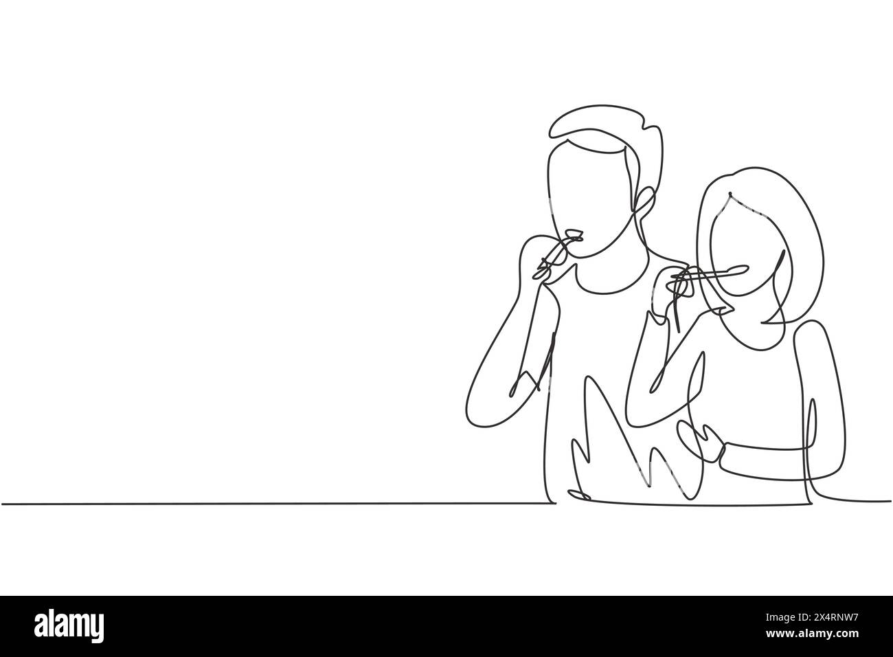 Continuous one line drawing happy couple bonding while brushing teeth ...
