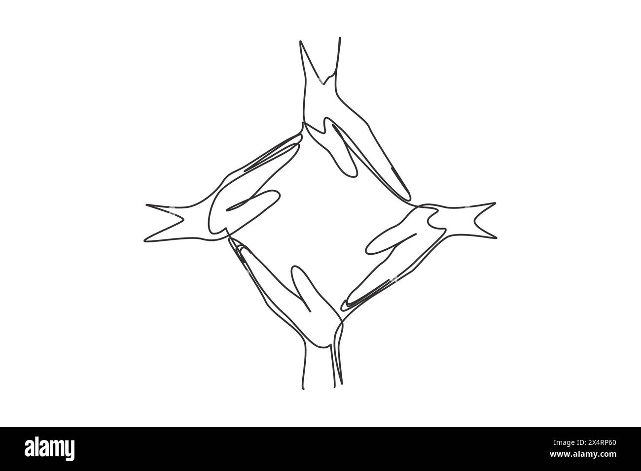 Continuous one line drawing four palm hands make square frame shape ...
