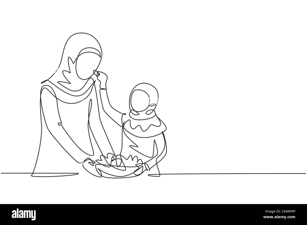 Single continuous line drawing Arabian mother feeds her daughter food and in front of her is bowl filled with salad. Cooking together in cozy kitchen. Stock Vector