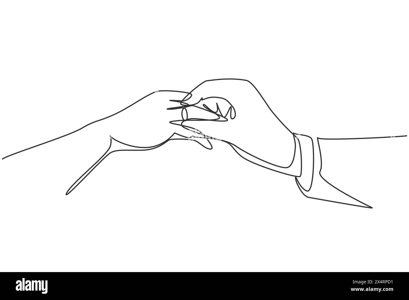 Continuous one line drawing groom putting ring on bride's finger during wedding ceremony. Bride and groom make vow of loyalty on their wedding day. Si Stock Vector