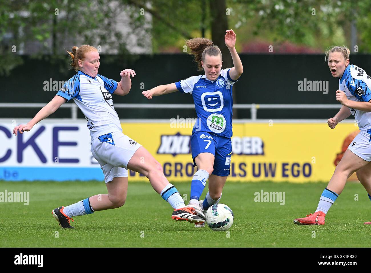 Gent, Belgium. 04th May, 2024. Alixe Bosteels (7) of AA Gent Ladies and Margaux Martle (16) of Club YLA pictured during a female soccer game between AA Gent Ladies and Club YLA on the 7th matchday in play off 1 of the 2023 - 2024 season of Belgian Lotto Womens Super League, on Saturday 4 May 2024 in Gent, BELGIUM . Credit: sportpix/Alamy Live News Stock Photo