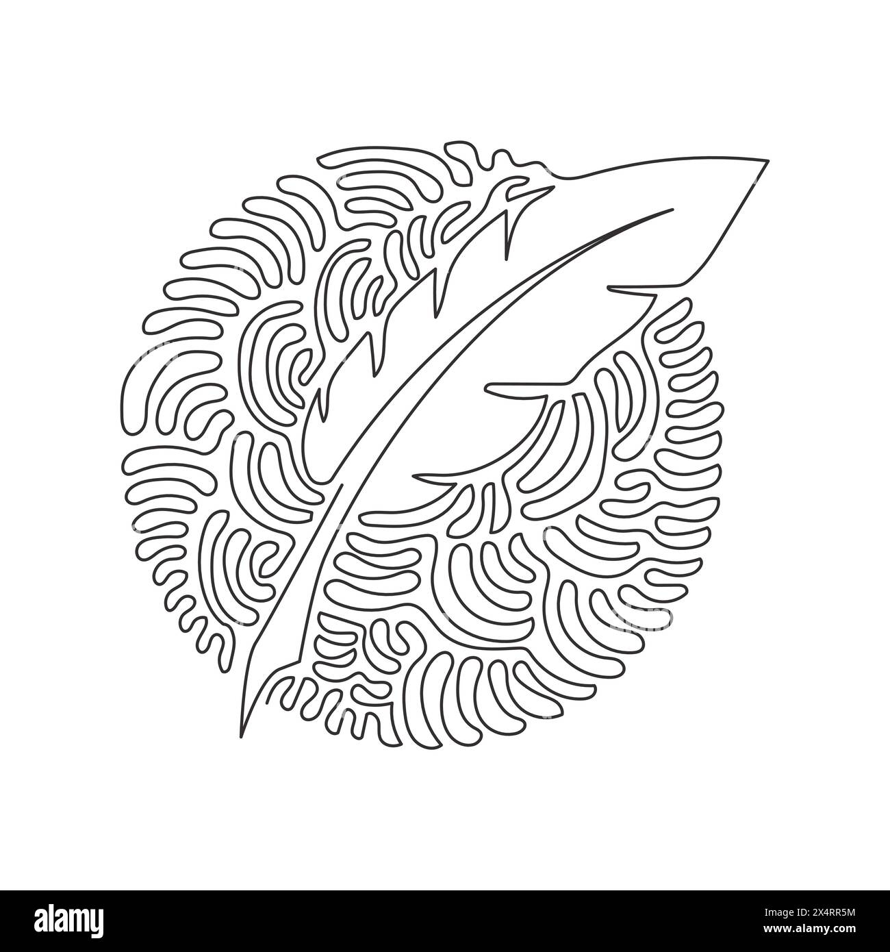 Single one line drawing vintage Feather quill pen logo with black ink stroke, scratch icon, classic stationery illustration. Swirl curl circle backgro Stock Vector