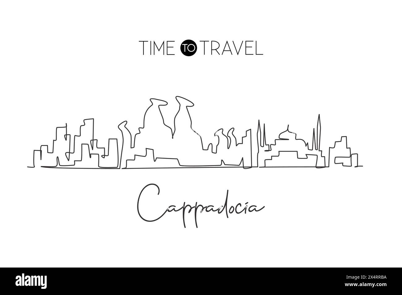 Continuous one line drawing Cappadocia city skyline, Turkey. Beautiful