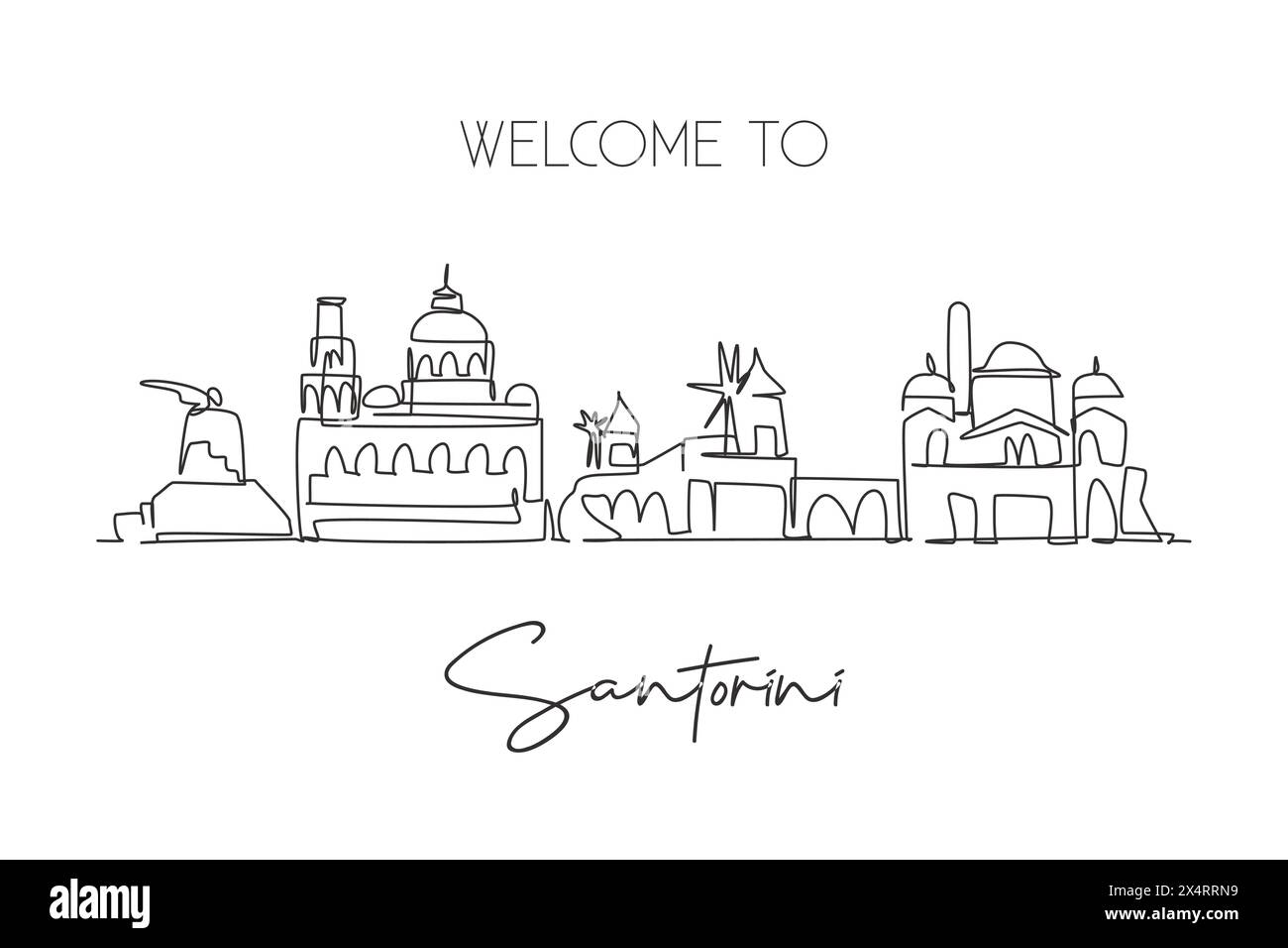 Continuous one line drawing Santorini old city skyline, Greece