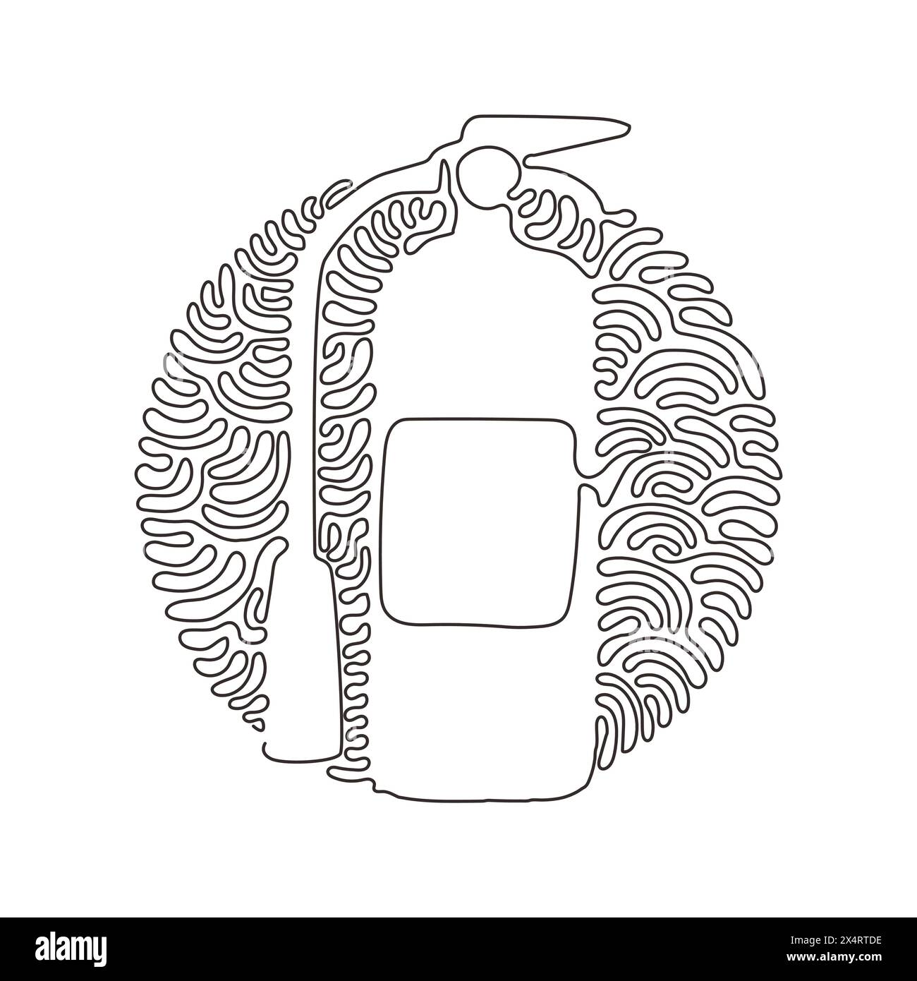 Single one line drawing red fire extinguisher protection with nozzle. Portable fire equipment from fire department set. Swirl curl circle background s Stock Vector