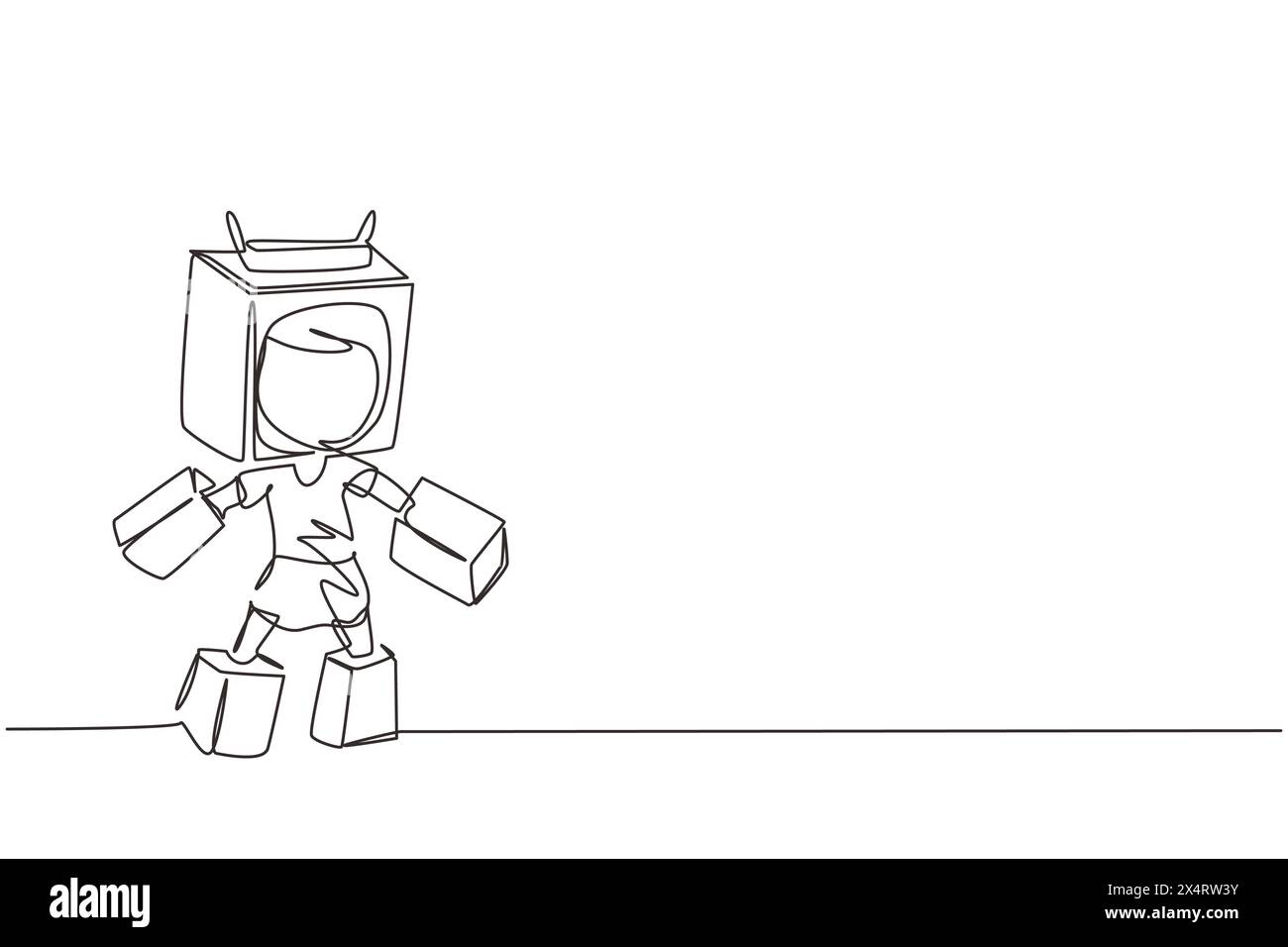 Continuous one line drawing cute girl play cardboard battle robot suit