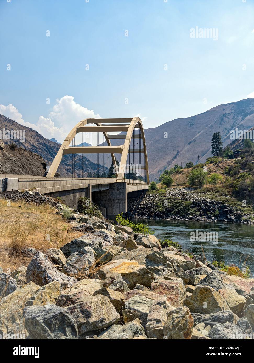 The Time Zone Bridge spans the Salmon River near Riggins in Idaho, USA