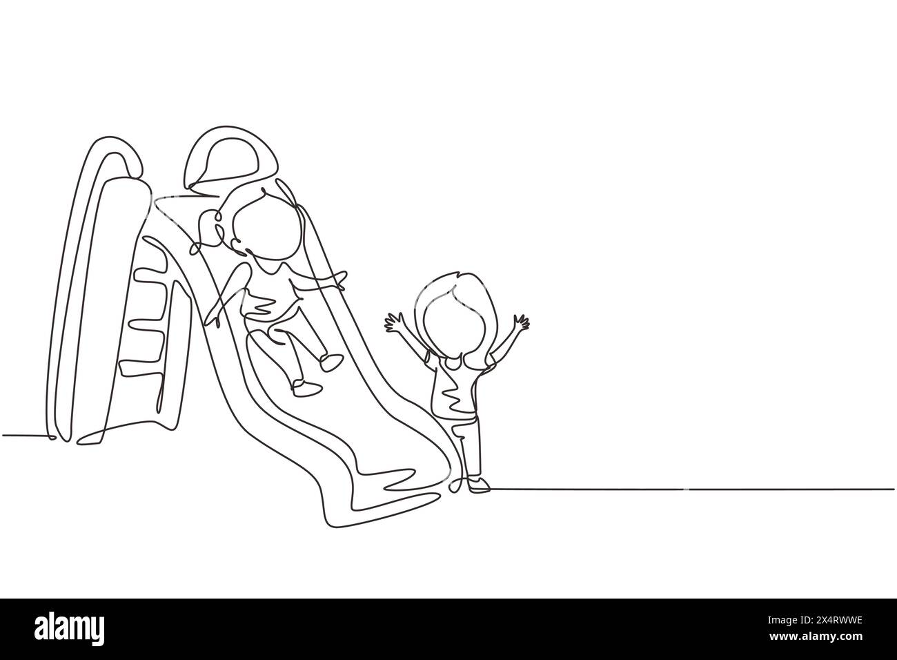 Single one line drawing smiling preschool girl sliding down slide and ...