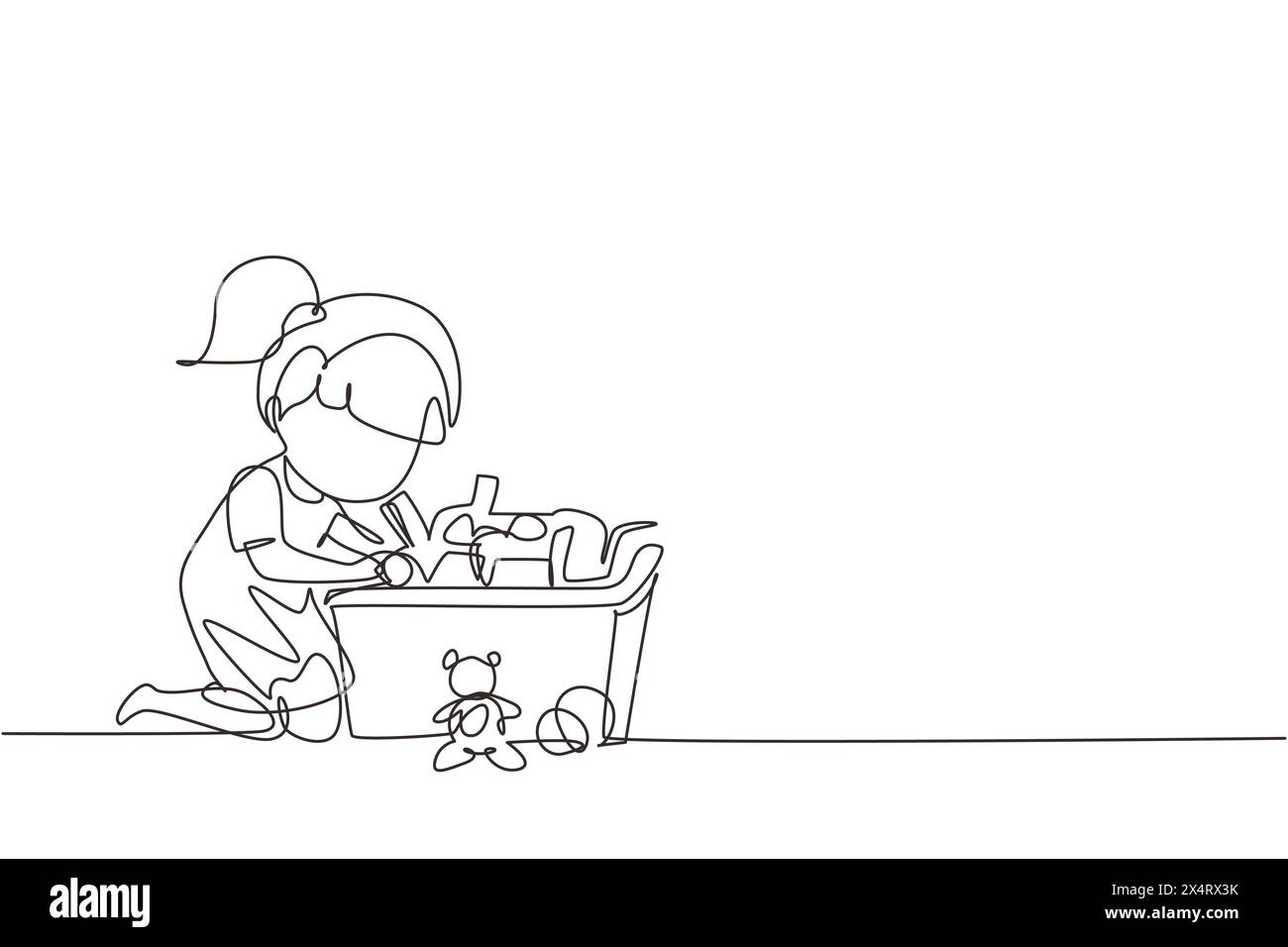 Continuous one line drawing little girl putting her toys into box. Kids