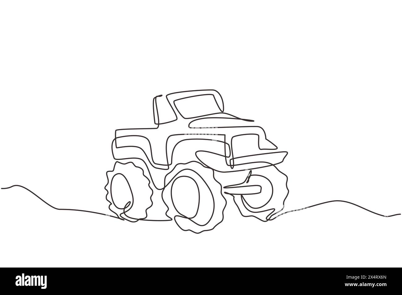 Single continuous line drawing big monster truck. Cartoon funny style. Side view. Extreme automobile. Auto in flat design. Childrens toy monster truck Stock Vector