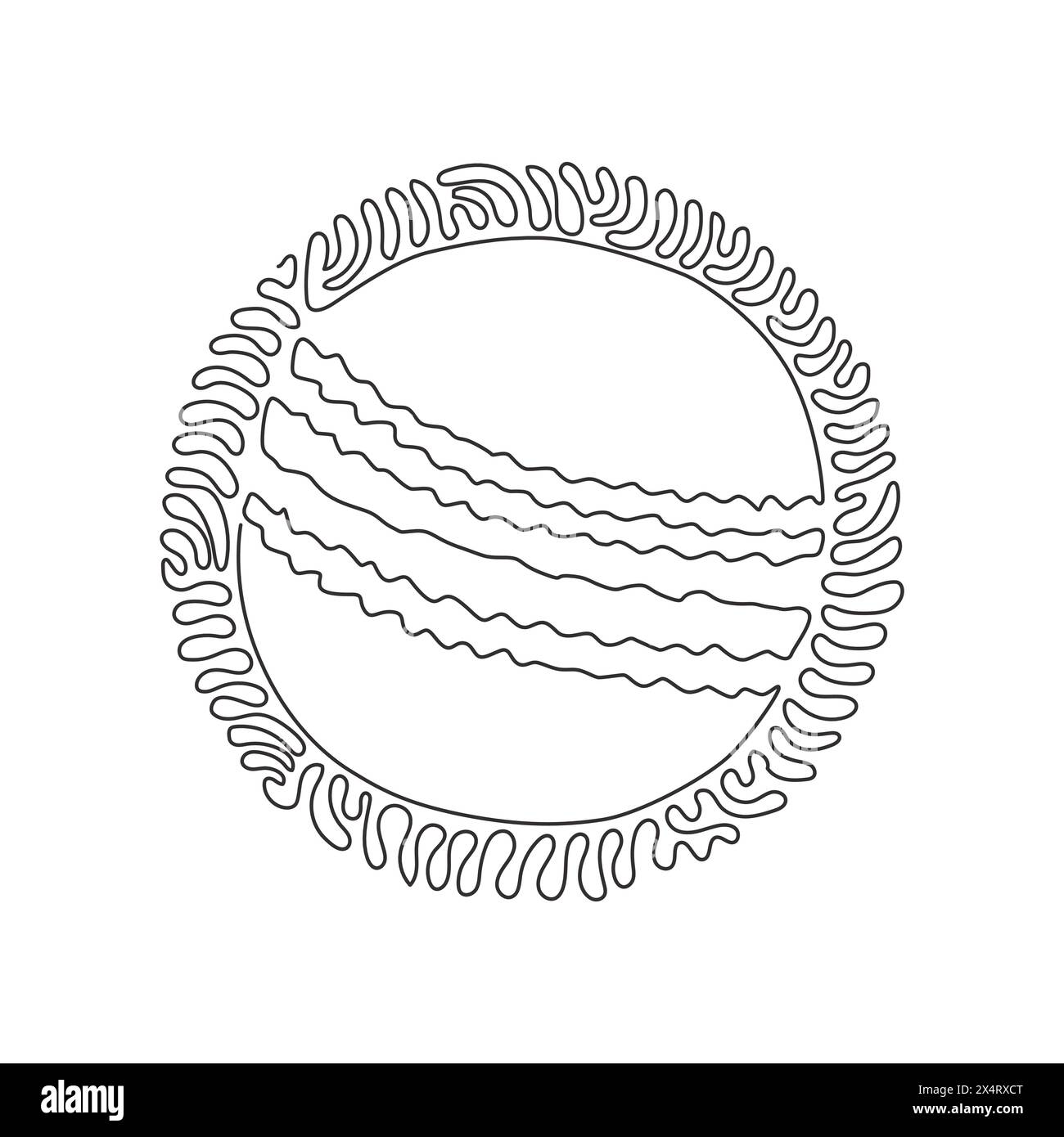 Single continuous line drawing cricket ball leather hard circle stitch close-up. Sports equipment. Summer team sports. Swirl curl circle background st Stock Vector