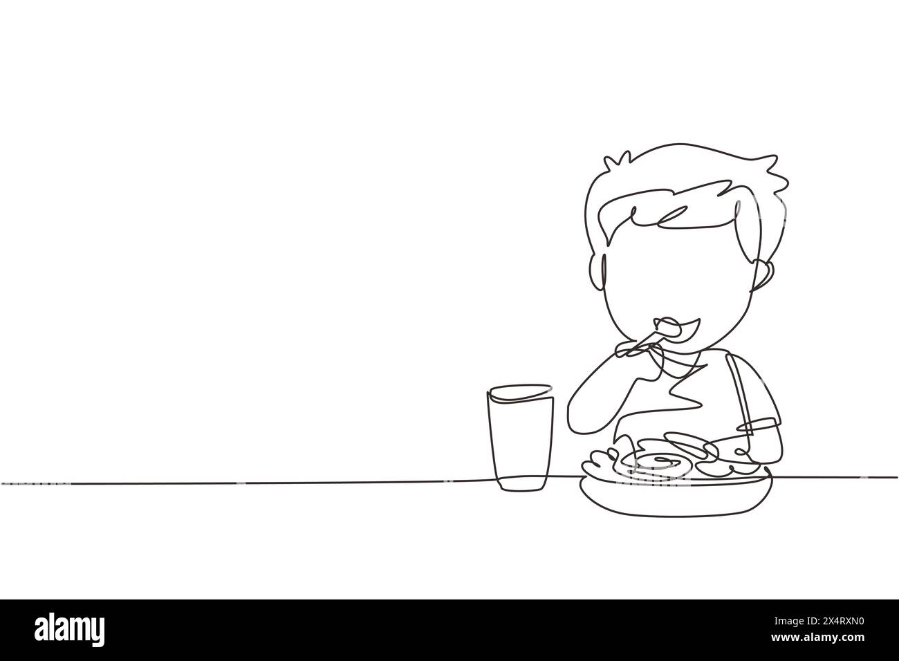 Single one line drawing boy eating healthy morning breakfast food ...
