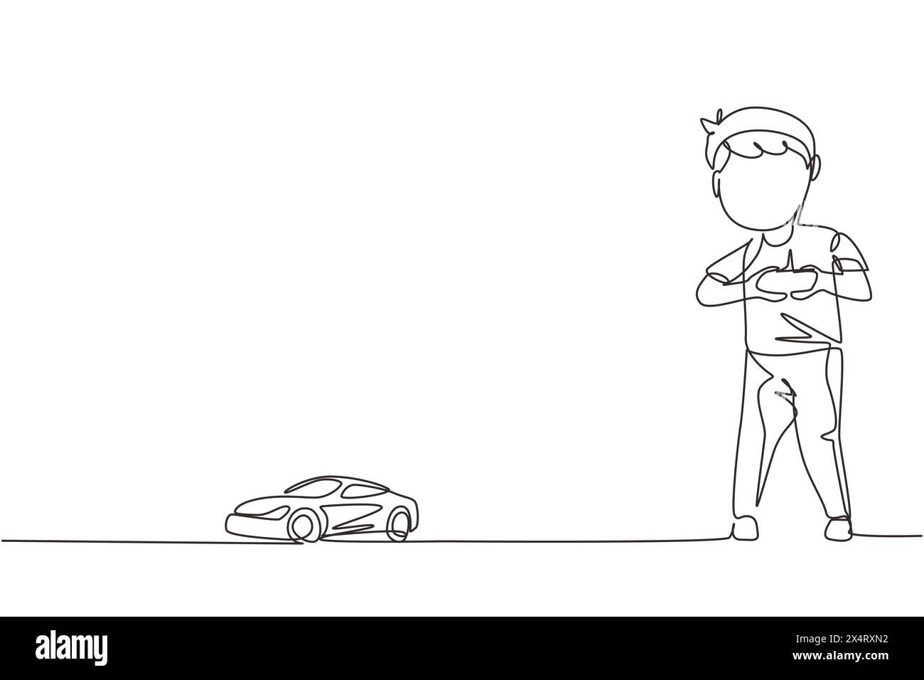 Single continuous line drawing little boy playing with remote