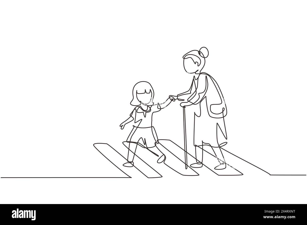 Single one line drawing little girl helps old woman to cross road at pedestrian crossing. Help grandmother crosswalk. Safety traffic. Modern continuou Stock Vector