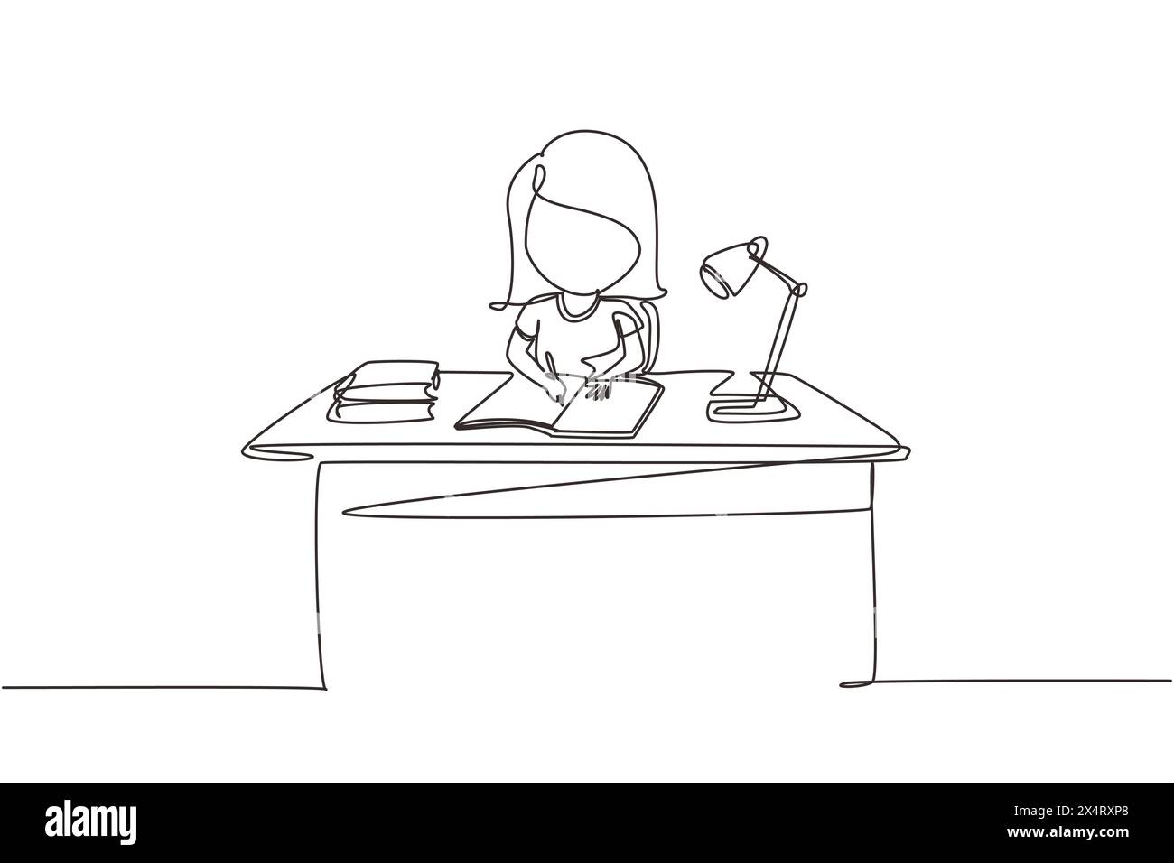 Continuous one line drawing girl studying on table with study lamp and pile of books. Kid makes homework from school. Intelligent student concept. Sin Stock Vector