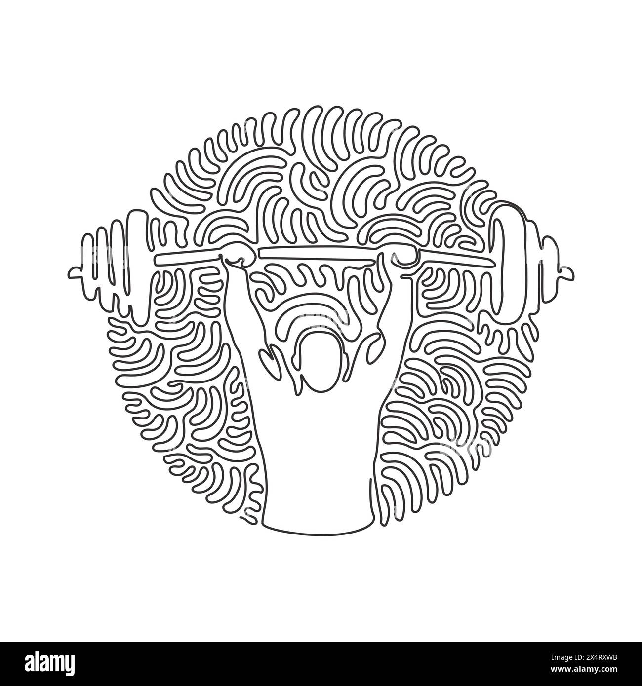 Single continuous line drawing Bodybuilder Fitness Model with barbell. Fitness logo badge with muscle man, Gymnastic or Body Build. Swirl curl circle Stock Vector