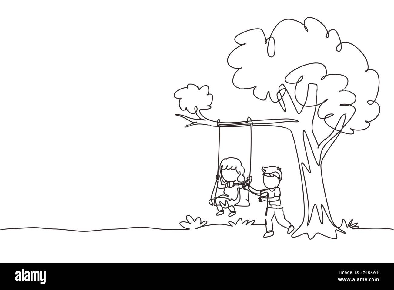 Continuous one line drawing happy boys and girls playing on tree swing. Cheerful kids on swinging under a tree. Cute children playing in playground. S Stock Vector