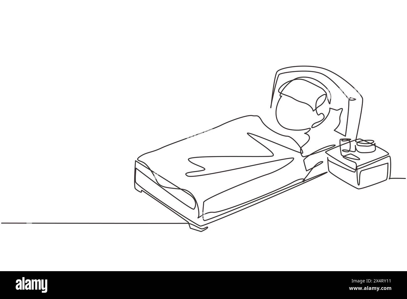 Continuous one line drawing sick boy with high fever. Child is sick