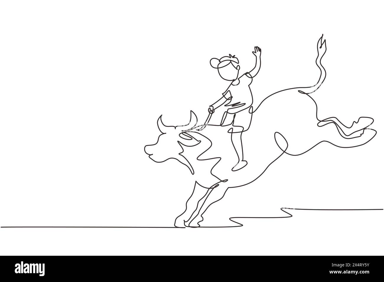 Continuous one line drawing happy cute kid boy riding cute bull. Child sitting on back bull with saddle in cowboy ranch. Kids learning to ride bull. S Stock Vector