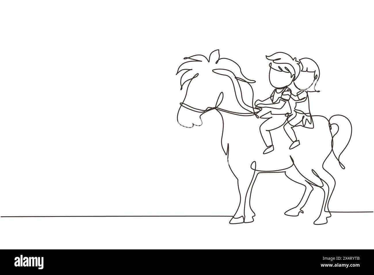 Single continuous line drawing happy cute boy and girl riding horse ...