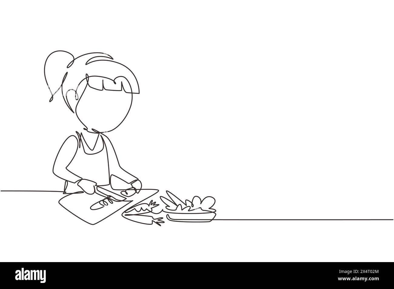 Kuting Draw Single continuous line drawing little girl is cutting carrot and other ...