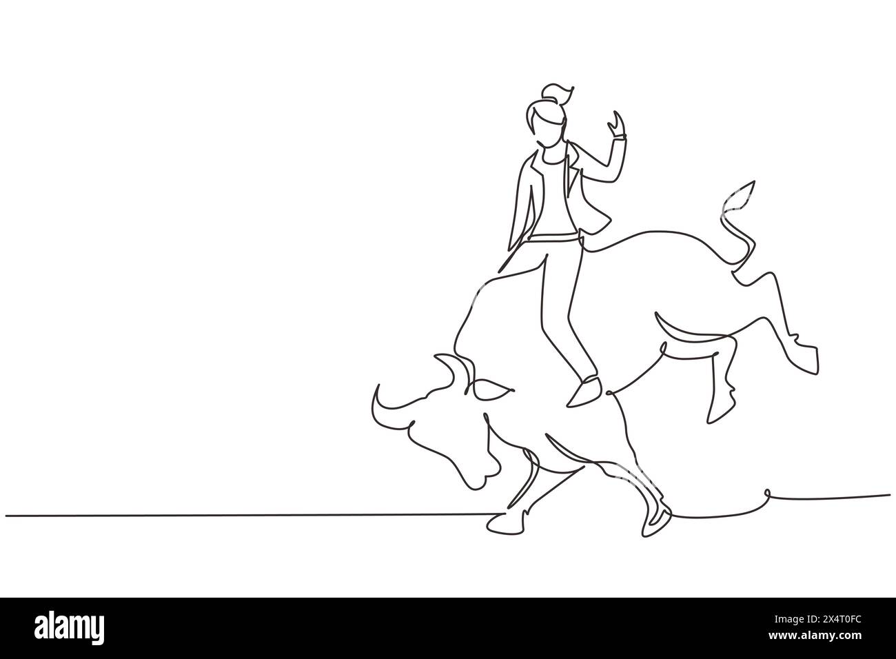 Single one line drawing businesswoman riding rodeo bull. Investment