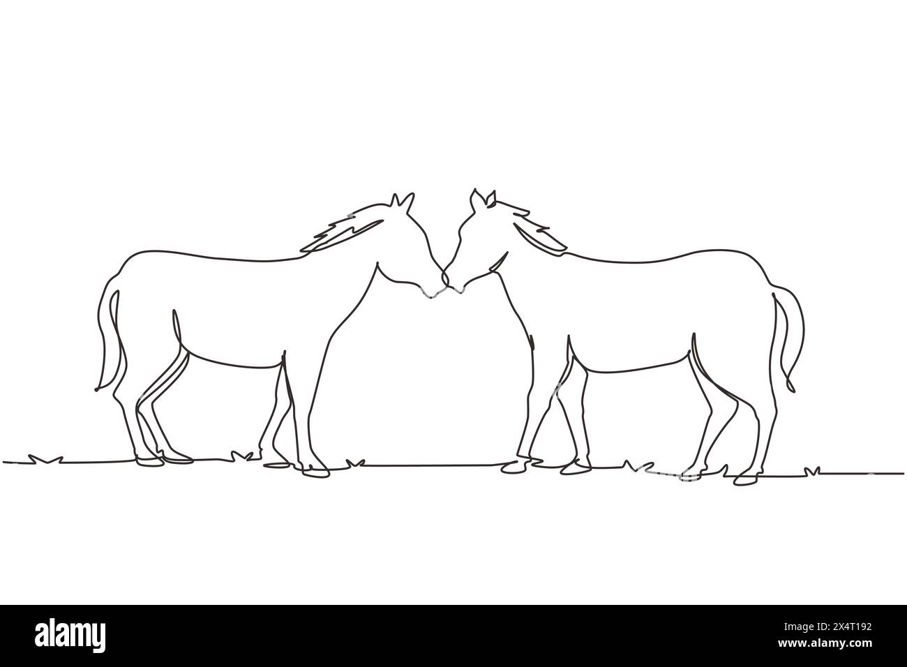 Single continuous line drawing two horses walks gracefully face to face. Wild mustang gallops in free nature. Animal mascot for horse ranch. Dynamic o Stock Vector