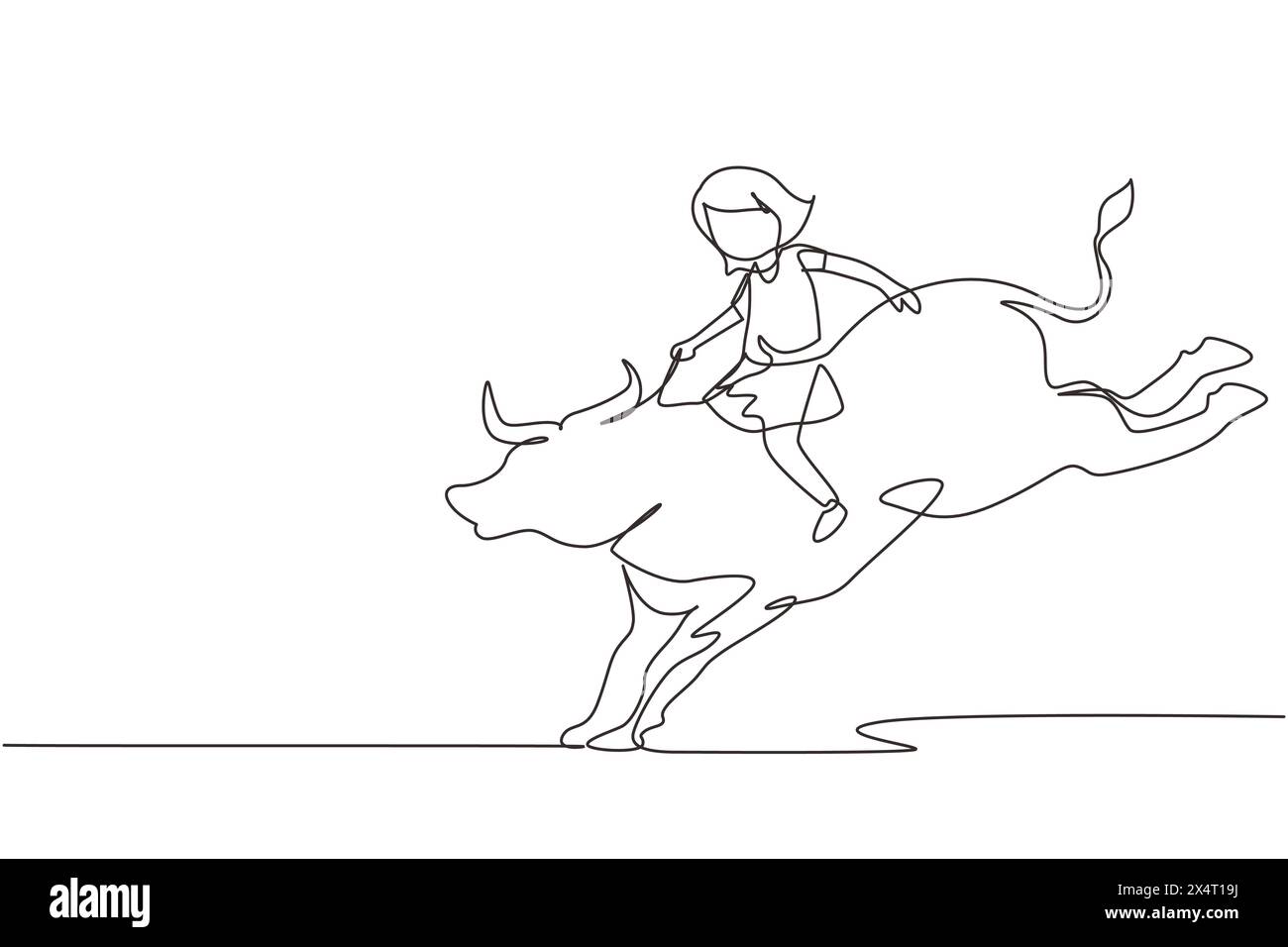 Continuous one line drawing happy cute kid girl riding bull. Child sitting on back bull with saddle in cowboy ranch. Kids learning to ride bull. Singl Stock Vector
