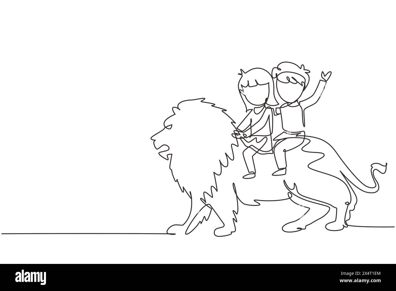 Continuous one line drawing little boy and girl riding lion together