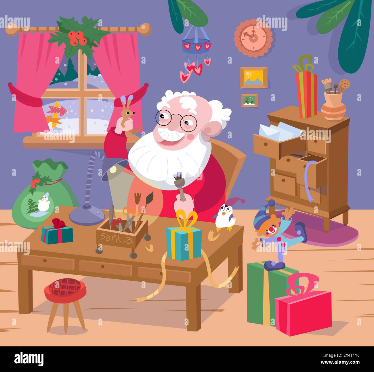 Cute Santa makes gifts for children. Santa Claus' workshop with ...